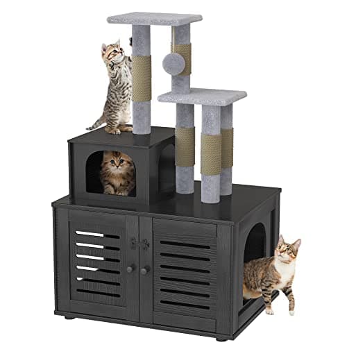 Recaceik Cat Litter Box with Tree, Hidden Washroom & Scratching Post, Black