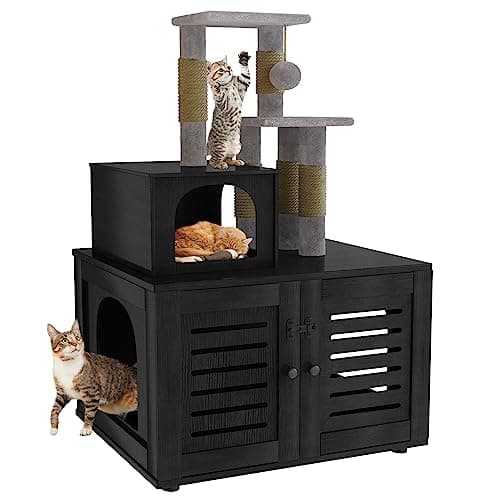 Cat Tree with Litter Box Enclosure and Scratching Post — Black