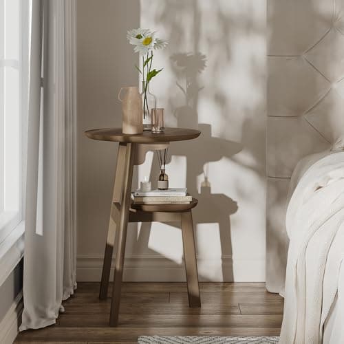 ChooChoo Round End Table with 2 Tier Shelf for Small Spaces, Walnut