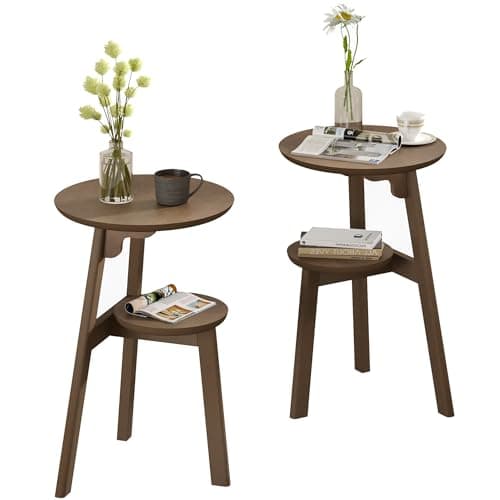 ChooChoo Round End Table with 2 Tier Shelf for Small Spaces, Walnut — Walnut