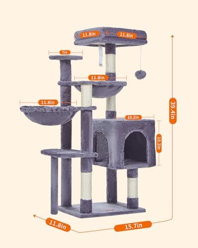 Smoky Gray Taoqimiao 39.4-Inch Cat Tree with 5 Scratching Posts & Plush Condo MS019G
