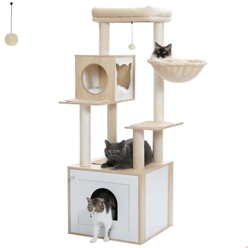 Cat Tower with Litter Box Enclosure for Large Cats — 56“ Wood Beige