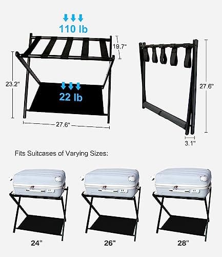 2-Pack Foldable Steel Luggage Rack with Fabric Shelf for Bed & Guest Rooms