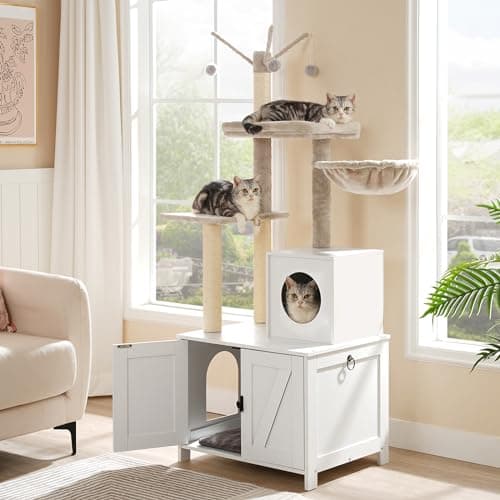 HOOBRO White Cat Tree Tower with Litter Box Enclosure WT15MZ03