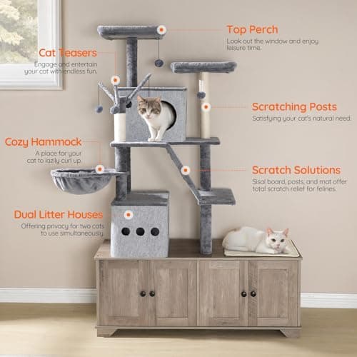 HOOBRO All-in-One Cat Tower with Hidden Litter Box Enclosure, 45.3"x17.7"x68.9"