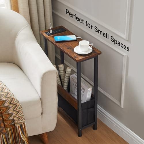 Slim Charging End Table with Storage for Small Spaces and Bedrooms