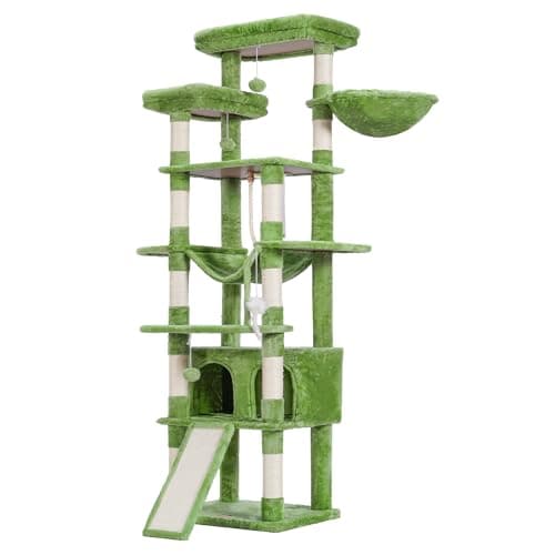 Heybly 68 Inch Multi-Level Cat Tree with Plush Perches and Caves HCT025G — Green
