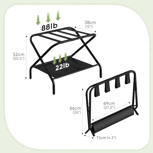 Pack of 2 Folding Luggage Racks with Shoe Shelf - Steel Stand for Guest Room, Hotel, Airbnb - Black