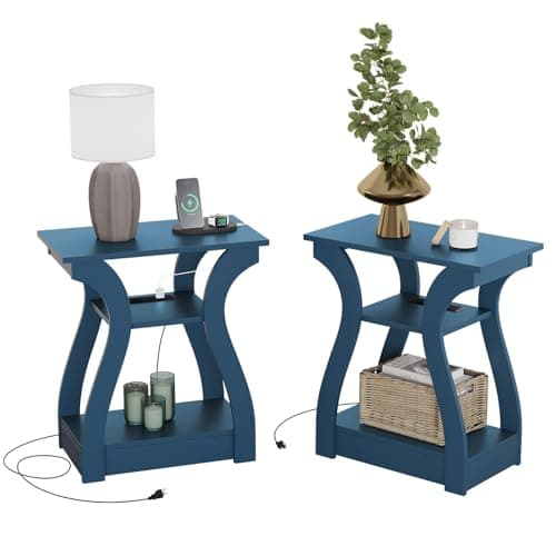 White End Table with Charging Station for Living Room and Bedroom Storage Shelf — Navy Blue