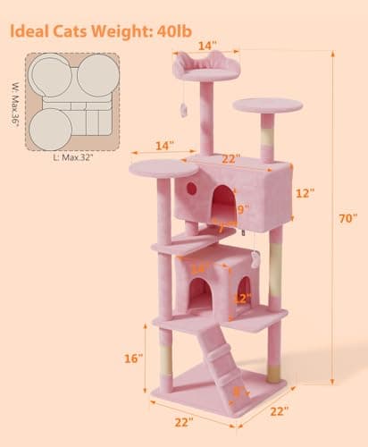 70" Tall Cat Tree Tower for Large Indoor Cats, Soft Pink