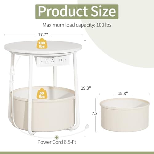 Yoobure LED Night Stand with Charger, Round Storage Table for Living Room or Bedroom