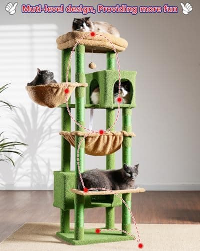 Large Cat Tree Tower GCT030-MGY: 8 Scratching Posts, 2 Platform Condos, Green & Brown