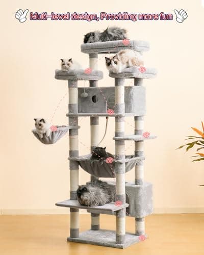 Large Multi-Level Cat Tree for Indoor Cats with 3 Platforms and 2 Condos in Light Gray