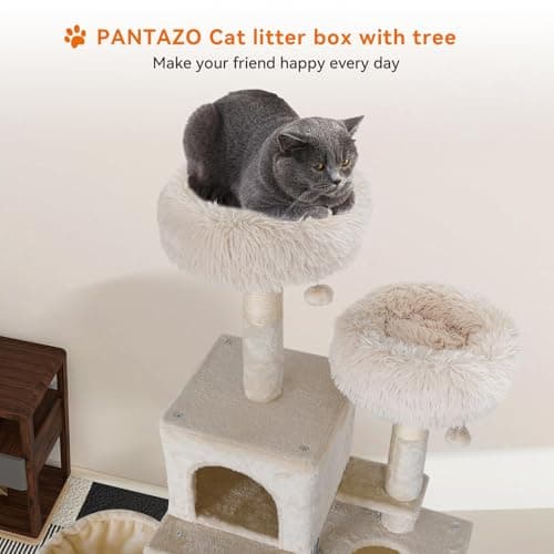 All-in-One Wooden Cat Tree with Litter Box Enclosure, 76.8 Inch Tall Condo with Hammock and Scratching Posts, White