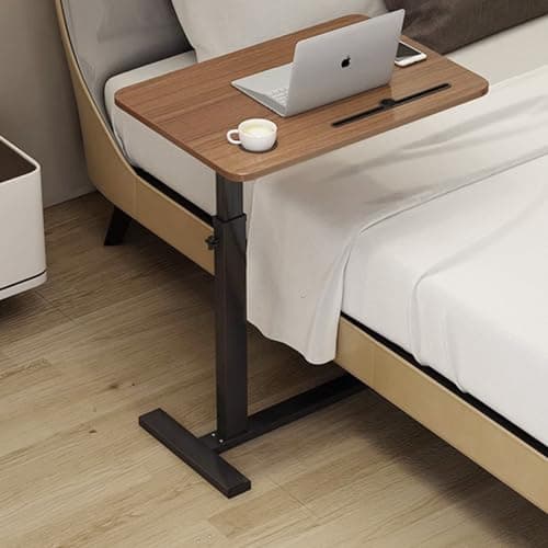 White Adjustable Overbed Table with Hidden Wheels & Cup Holder — Walnut