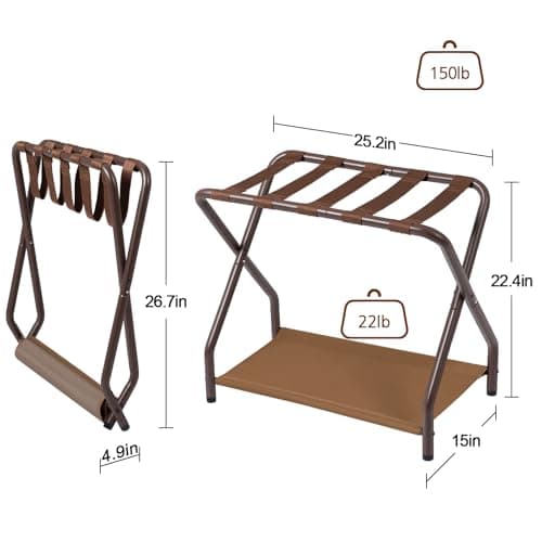 Folding Luggage Rack Set of 2 for Guests, Metal with Storage Shelf, Bronze.
