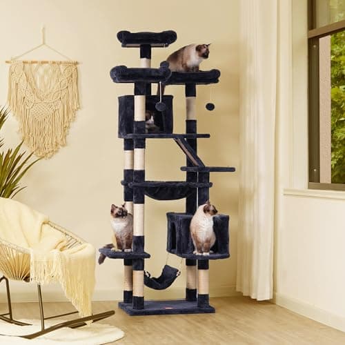 Heybly 73" Tall Smoky Gray Cat Tree for Large Cats, Heavy Duty Condo with Padded Perch and Scratching Posts