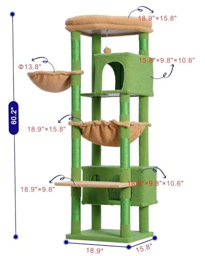 Large Cat Tree Tower GCT030-MGY: 8 Scratching Posts, 2 Platform Condos, Green & Brown