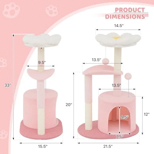 Magshion Pink Cute 33" Indoor Cat Tree with Scratch Post and Dangling Balls