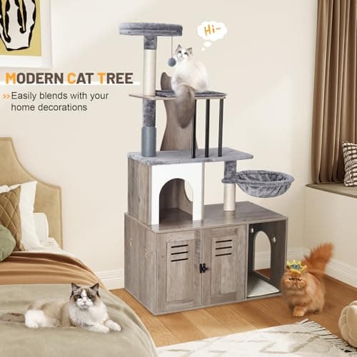Modern 2-in-1 Cat Tree with Litter Box Enclosure for Indoor Cats, 58.66’’ Wood Condo with Scratching Post and Hammock, Grey