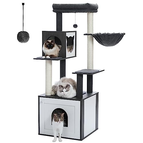 Petepela Large Wood Cat Tree with Litter Box, Storage & Scratching Post, Black
