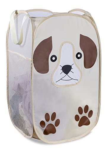 Sturdy White Collapsible Laundry Hamper with Side Pocket – Space-Saving and Breathable (2-Pack) — Puppy