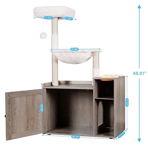 Hey-Brother Rustic Gray Cat Tree with XL Litter Box, Modern Pet Furniture MPJ101SG