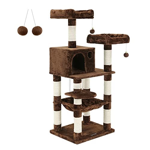 Feandrea Light Gray Cat Tree with Scratching Posts & Hammock — Brown