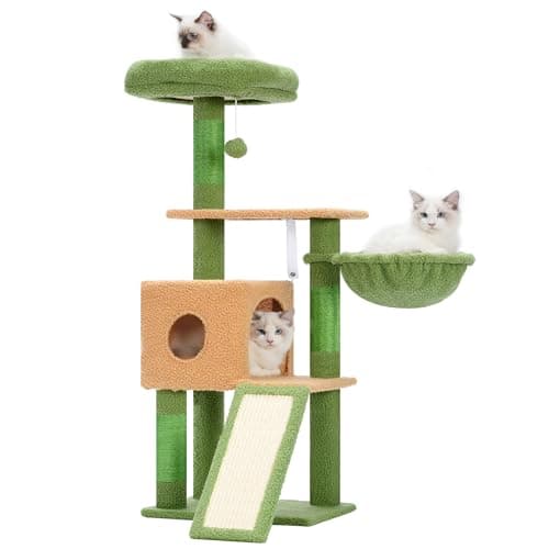Light Gray MPJ007SW Plush 42.5-Inch Cat Tower with Scratching Post & Hanging Ball — Green and Yellow