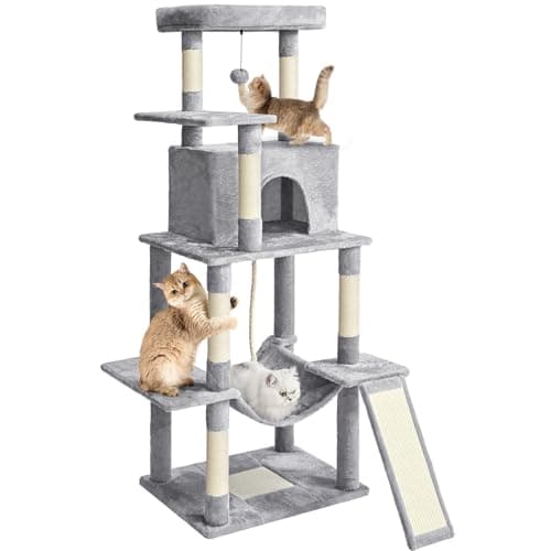 Multi-Level Cat Tree Tower with Sisal Scratching Posts & Hammock - Light Grey