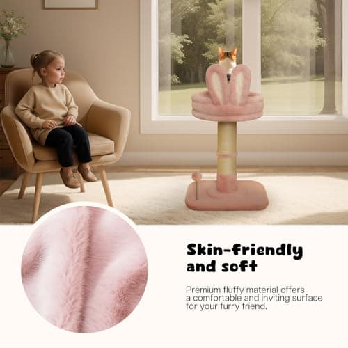 Sisal Cat Scratching Post with Soft Pink Rabbit Bed, Cute Cat Tower for Indoor Cats
