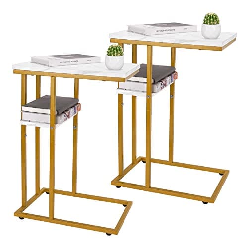 YooBure C-Shaped End Table, Rustic Snack Table for Living Room and Bedroom — Marble White