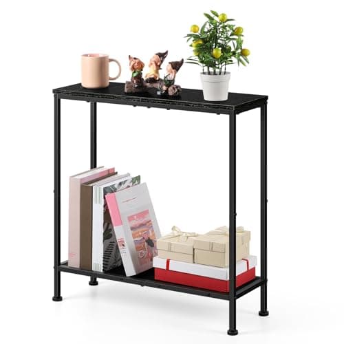 OYEAL Black Narrow Side Table with Cup Holder and Storage Shelf