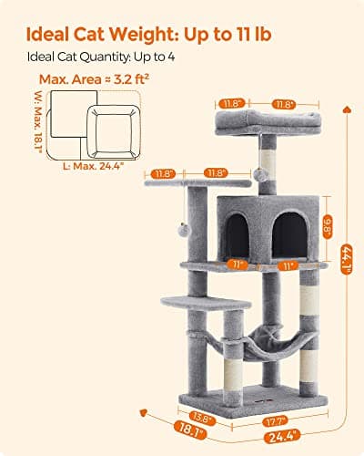 Feandrea Cat Tree 44.1-Inch with Scratching Posts and Hammock