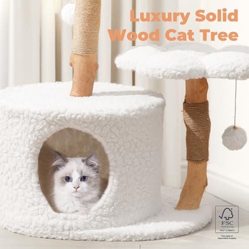 Luxurious White Wood Cat Tree by Easyego with Scratching Posts & Flower Platforms