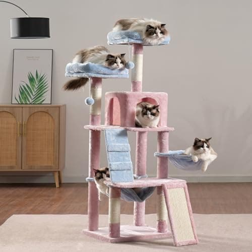 Heybly Cat Tree for Indoor Cats, Multi-Level Furniture Condo with Perch, Basket & Scratching Board - Blue/Pink