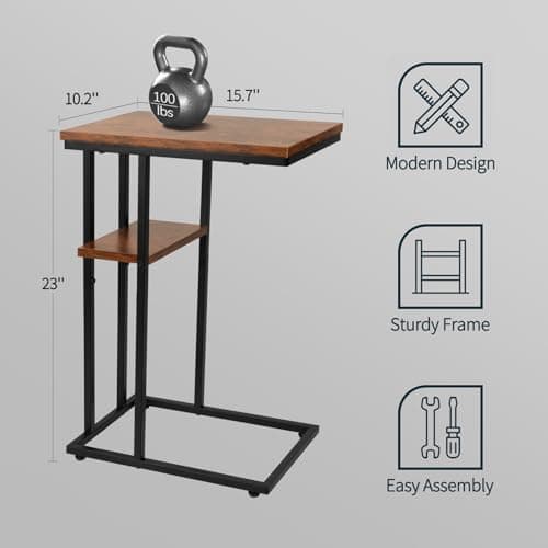 YooBure C-Shaped End Table, Rustic Snack Table for Living Room and Bedroom