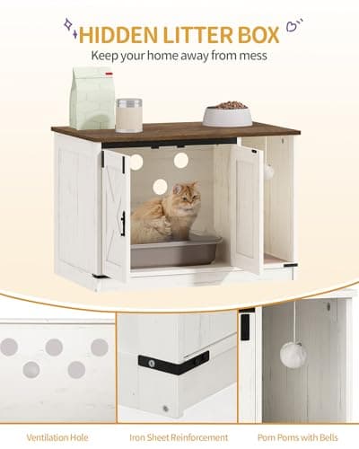 Rustic Brown and White Hidden Cat Litter Box Cabinet, CB82414X