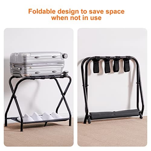 Steel Folding Luggage Rack with Storage Shelf, Black