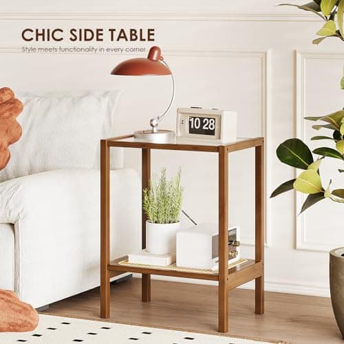 Bamworld Rattan 2-Tier Side Table with Storage Boho Living Room Glasstop Narrow Coffee Table