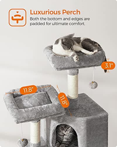 Feandrea Light Gray 45.3-Inch Cat Tower with Scratching Post and Cave