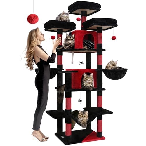 XXL F80 Indoor Cat Tower with Hammock, Scratching Post & 3 Perches Dark Grey — Black Red