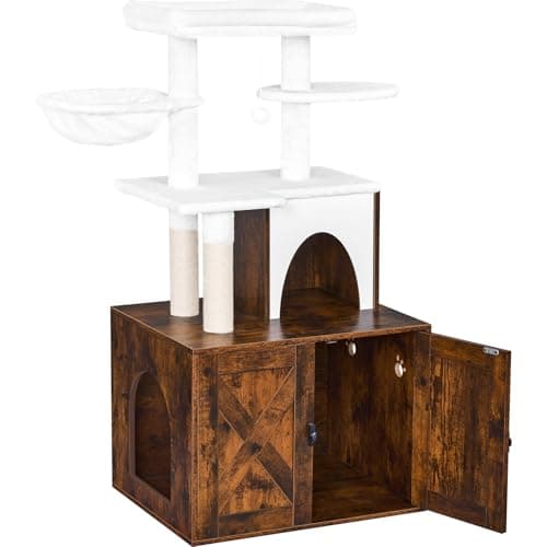 Snughome Cat Litter Box Enclosure with Cat Tree Tower, Condo, and Scratching Post — Rustic Brown