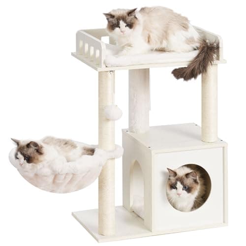 Heybly Modern Wooden Cat Tree with 3 Scratching Posts & Rustic Gray Condo HCT007SSG — White