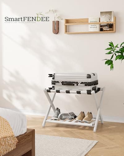 White Bamboo Luggage Rack, 5 Straps, Heavy Duty & Foldable, Shoe Shelf Included