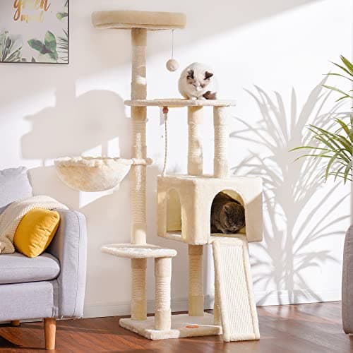 Indoor Cat Tower with Scratching Board and Feeding Bowl