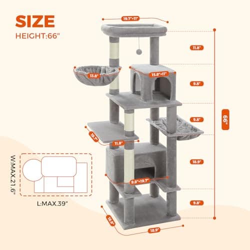 PEQULTI Super Large 66" Cat Tree for Indoor Adults Grey