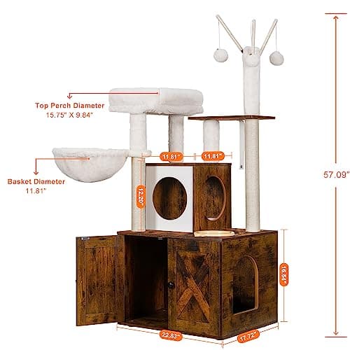 Heybly Cat Tree with Litter Box Enclosure and Food Station, Indoor Furniture for Cats in Modern Style (Rustic Brown)