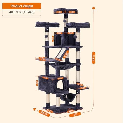 Heybly 73" Tall Smoky Gray Cat Tree for Large Cats, Heavy Duty Condo with Padded Perch and Scratching Posts