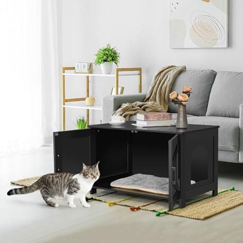 Homedy Black Wooden Cat Washroom with Barn Door, Fit Most Litter Box